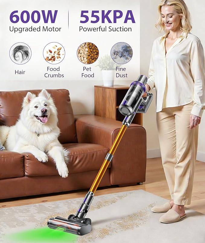 Cordless Vacuum Cleaner 600W 55KPA 60Mins Vacuum Cleaners for HomeAnti-tangle Wireless VacummRechargeable Vacuum With Green LightPowerful Stick Vacuum for Carpet/Hardwood FloorsPet HairPurple
