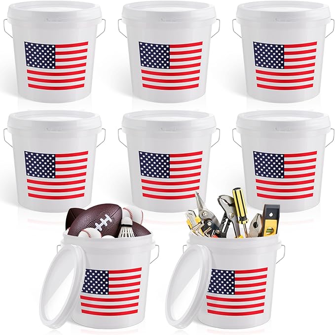 6 Pcs 2 Gallon Plastic Bucket with Lid and Handle Large White Heavy Duty Bucket with American Flag for Home Gardening Tools Household Cleaning Baseballs Storage Container