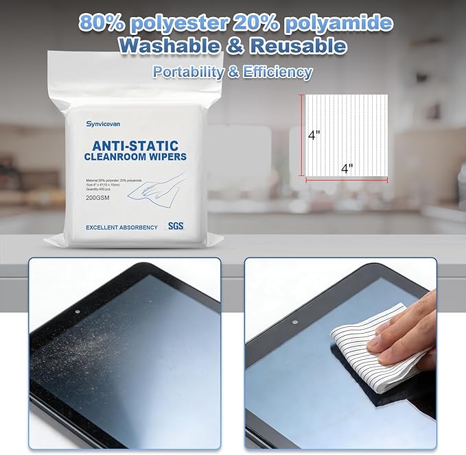 Anti-Static Microfiber Wipes 4x4(400 PcsClass 100 200GSM) Lint Free Cloths Reusable Special ESD protection design is suitable for protecting sensitive electronic components and tools
