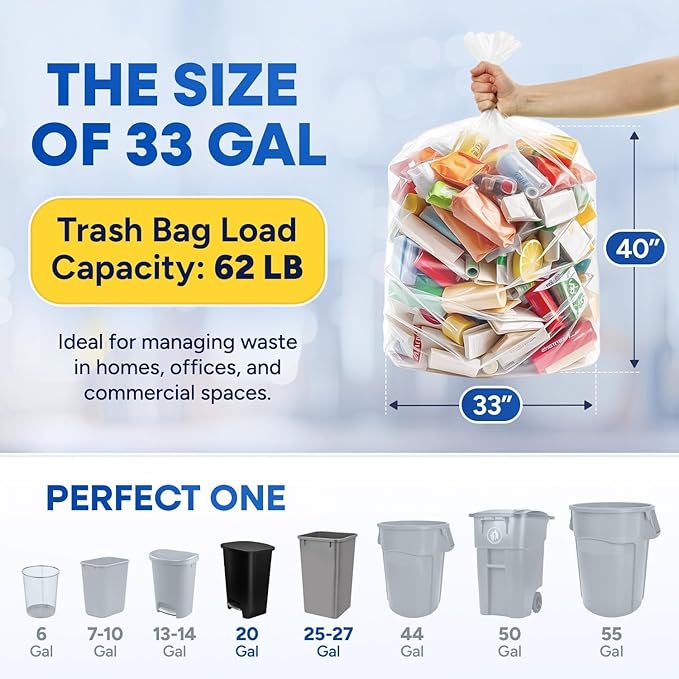 Plexon Clear Trash Bags 33 Gallon – W x 33 in. L x 40 in High-Density Garbage Can Liners 13 Micron Thick – Fits Round &amp Square Cans – Bulk Pack of 500 – Heavy-Duty Bags for Indoor and Outdoor U