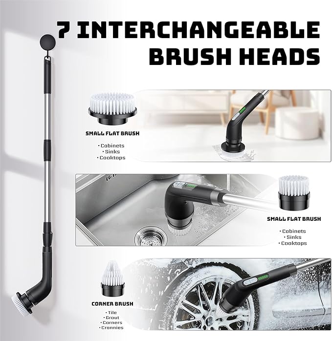 Electric Spin Scrubber Powerful 2-Speed Cleaning Brush IPX7 Waterproof with 7 Reusable Brush Heads &amp Extendable Handle for Bathroom Toilet Shower Kitchen Wall Tile Floor Grout (Black)