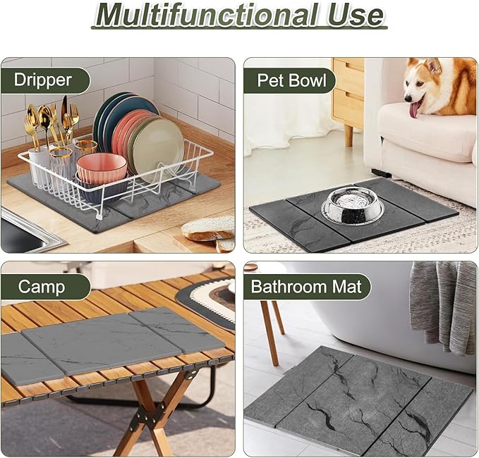 Dish Drying Mat Large Stone Dish Drying Mat For Kitchen Counter Collapsible Quick-Drying Sleek Diatomaceous Versatile Stone Drying Mats For Cups Dishes Bottles Marble (gray 16×19)