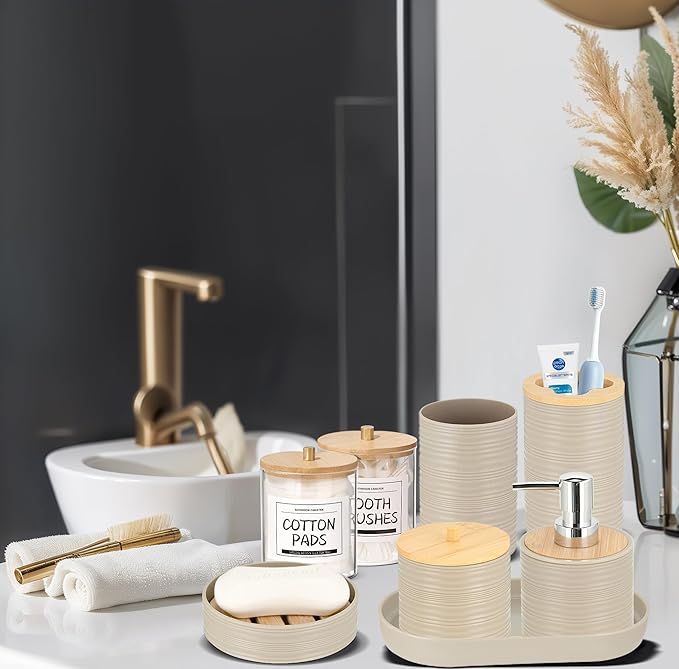 IMAVO Bathroom Accessory Set-11Pcs Beige Bathroom Accessories Set with Trash CanSoap DispenserSoap DishToothbrush HolderToothbrush CupToilet Brush HolderQtip Holder Dispenser with Labels