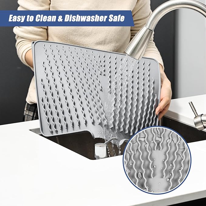 Silicone Dish Drying Mat for Kitchen Counter Heat-resistant Dish Dryer Mat with Built-in Drain Lip Drain Pad Protects Surfaces Prevents Water Build UP