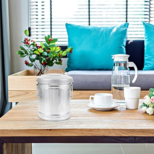 Mini Metal Trash can with Lid Bucket Shaped Small Wastebasket for Desktop Office Bedroom and Home Use Versatile Storage Barrel for Pens Flowers and Rubbish 7.48X5.70X5.11 Inches