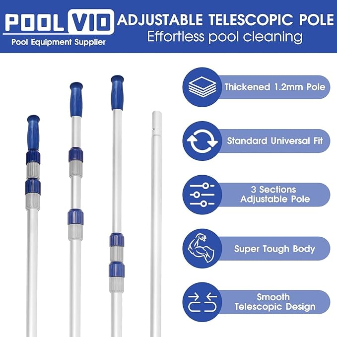 Poolvio 15 FT Telescopic Pool Pole - Adjustable 3 Piece Aluminum Pool Skimmer Pole for Pool Cleaning Skimmer Nets Vacuum Heads &amp Brushes Strong Grip &amp Lock