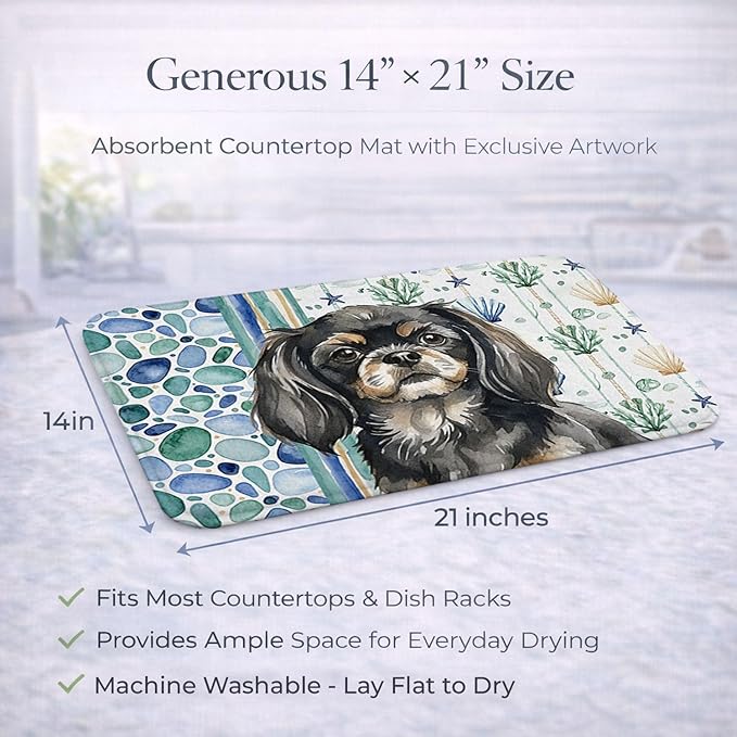 Caroline's Treasures Black and Tan Tibetan Spaniel Coastal Sea Glass Dish Drying Mat Absorbent Dish Drying Mat Pad for Kitchen Counter Dish Drainer Mat for Countertop 14 x 21 Multicolor