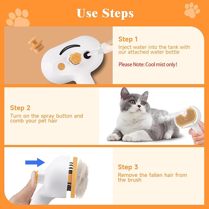 Pet Steam Brush for Dog &amp Cat – shower bath brush – Steam for Shedding &amp Grooming Water Brush for Long &amp Short Haired Pets Spritz Defur Comb 3-in-1 Spray Hair Removal Comb Includes 1*Water