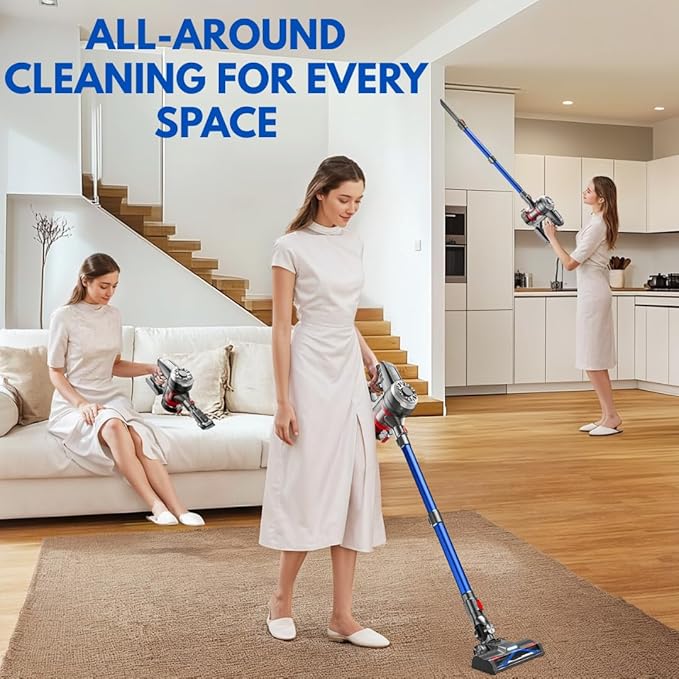 Cordless Stick Vacuum Blue 45 Min Runtime LED Headlights 2-Speed Telescopic Tube with Main Vacuum Brush Crevice Tool dust Brush Removable-Rechargeable Battery Pack with Charging Cord