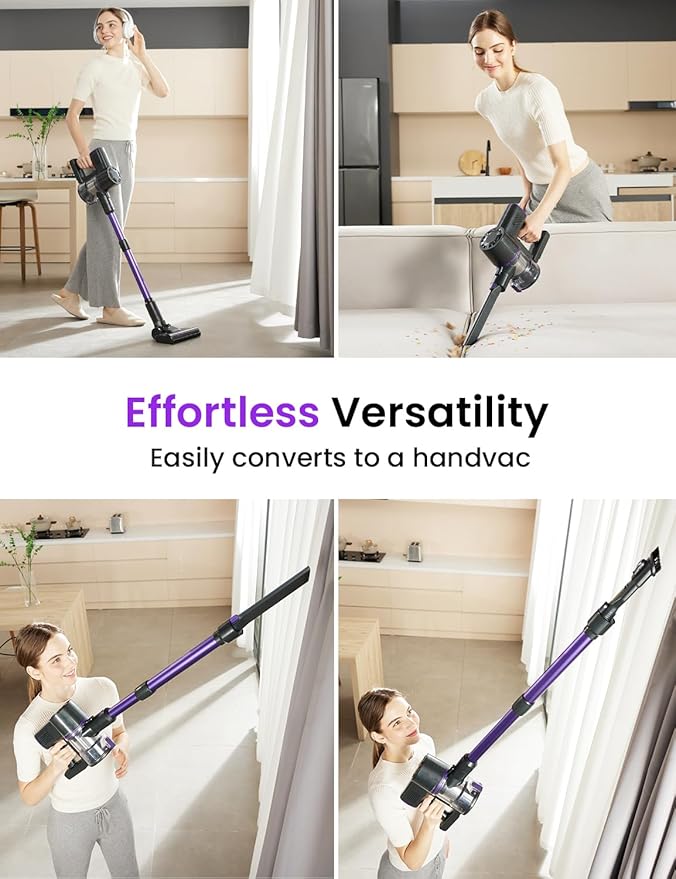 Vexilar Cordless Vacuum Cleaner Self-Standing Rechargeable Stick Vacuum Cleaners for Home 35mins Runtime LED Screen 6-in-1 Lightweight Handheld Vacuum for Hard Floor Carpet (Purple)