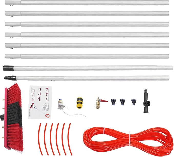 Water Fed Pole Kit 26ft Length Water Fed Brush 8m Water Fed Cleaning System Aluminum Outdoor Window Cleaner w/ 20m Hose Cleaning and Washing Tool for Window Glass Solar Panel