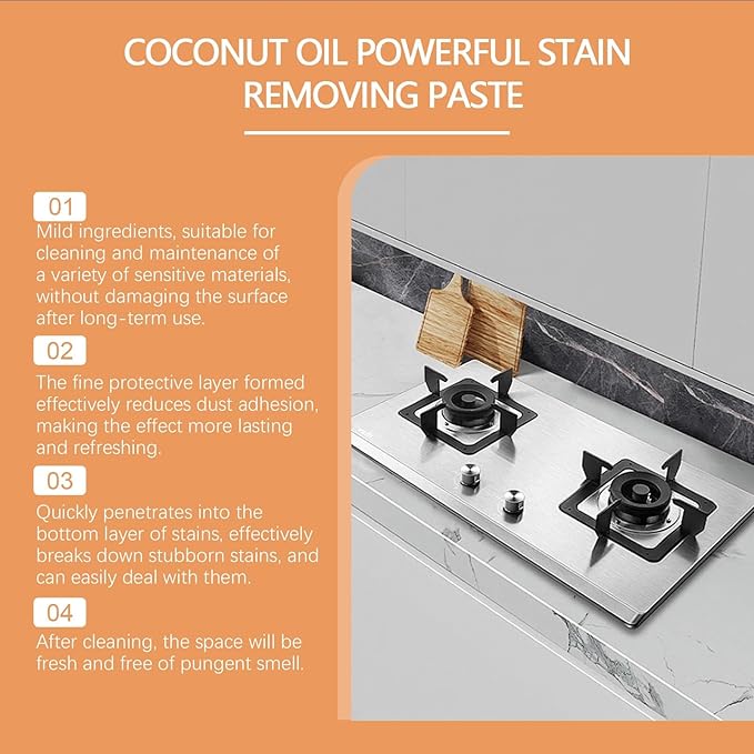 Coconut Oil Stain Remover Paste - Heavy Duty Kitchen Grease Cleaner Multi-Purpose Polish For Surfaces Removes Stubborn Oil &amp Dirt(2PCS)
