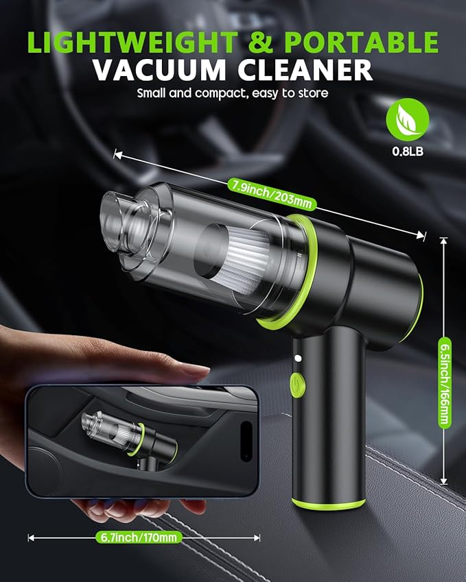 CODN Handheld Car Vacuum Portable Cordless 12000PA 2 in 1 Handheld Vacuum Cleaner and Air Duster with Multi-Nozzles and LED Light Mini Hand Held Vacuum Rechargeable for Home Car Office Pet Hair