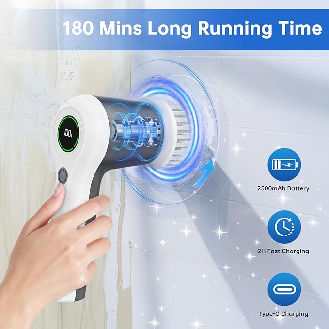Electric Spin Scrubber Cordless Shower Scrubber with Battery Level Display 2 Speeds Electric Scrubber for Cleaning with 6 Replaceable Heads Cleaning Brush for Bathroom/Sink/Window (Gray)