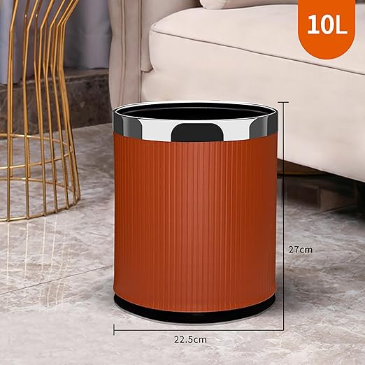 Luxury Metal Waste Bin 10L Open Top Double Layer Trash Can Floor Standing with Faux Leather Covered - Waste basket Dust Bins for Kitchen Bathroom Hotel Office (Rose Gold)