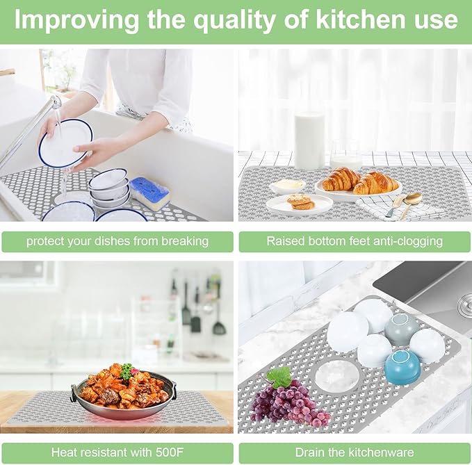 Kitchen Sink Protectors 24x12 Heat Resistant Mat for Stainless/Porcelain Sink No-Slip Grid (Grey)
