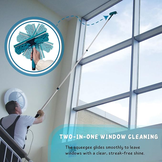 Cobweb Duster with 5-12 Ft Extension Pole Spider Web Brush with Long Telescoping Pole for 20 Feet Reach Window Cleaning Squeegee with Scrubber High Ceiling Fan Dusters