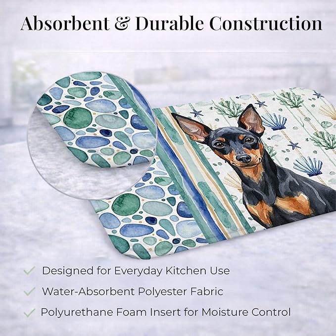 Caroline's Treasures Black and Tan Miniature Pinscher Coastal Sea Glass Dish Drying Mat Absorbent Dish Drying Mat Pad for Kitchen Counter Dish Drainer Mat for Countertop 14 x 21 Multicolor