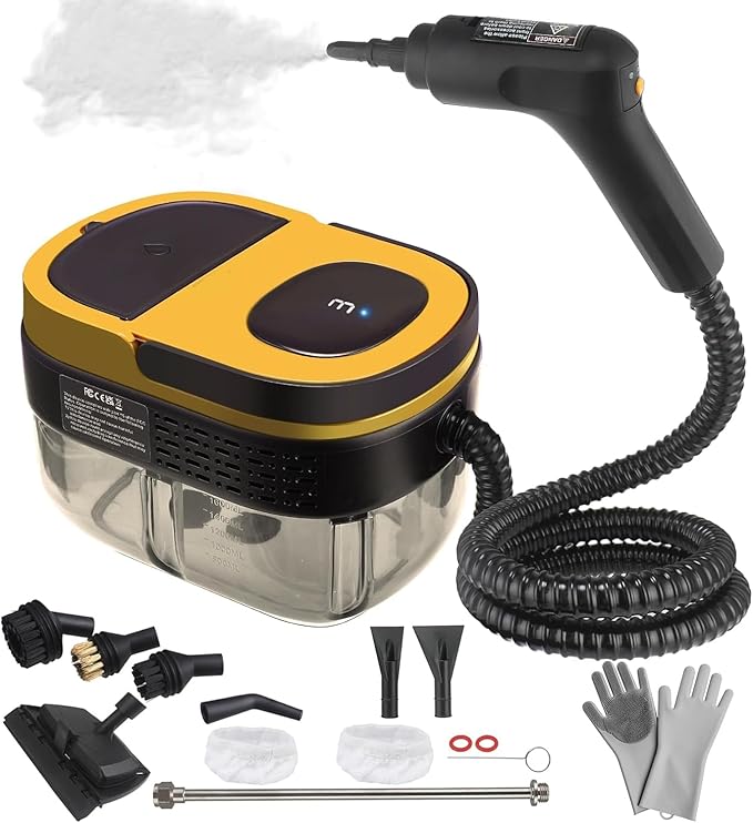 Steam Cleaner 2500W Handheld Steamer with 1.6L Tank 3 Steam Levels Portable Steam Cleaning Machine for Home Car Detailing Furniture Bed Bugs &amp Grout – Yellow