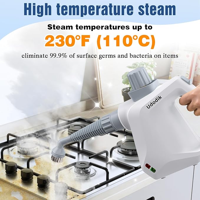 Handheld Steam Cleaner versatile and portable design comes with a safety lock and a 10-piece accessory set to easily remove dirt and grease (white).