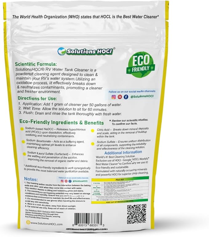 SolutionsHOCL® RV Water Tank Cleaner &amp Descaler 400g | Bleach-Free Powder for Fresh &amp Gray Tanks | Made with NSF/ANSI 60 Certified Ingredients