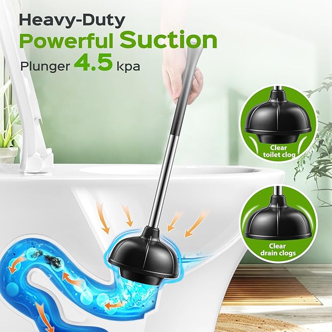 HAMITOR Toilet Plunger and Brush Set: Bathroom Powerful Cleaning Round Bristle Brush - Stainless Steel Heavy Duty Unclogging and Bowl Cleaner Combo - Compact Home Apartment Restroom Decor Accessories
