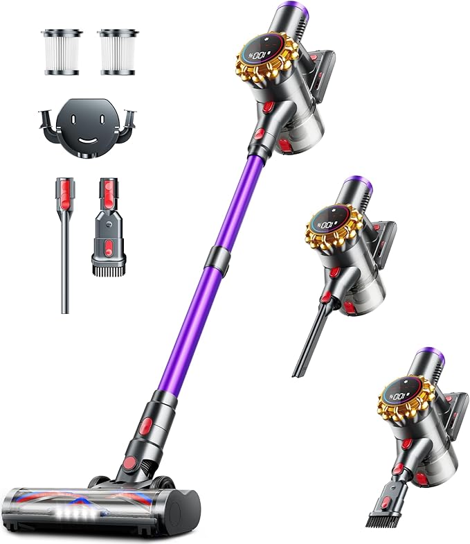 Cordless Vacuum CleanerUpgraded 550W 45KPA 60Mins Vacuum Cleaners for HomeSelf-Standing Stick Vacuum with LED Display8 in 1 Lightweight Anti-tangle Wireless Vacuum for Pet Hair Carpet Hard Floors