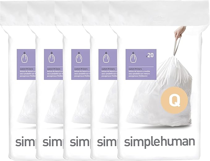 simplehuman Code Q 100 Count Dispenser Pack Custom Fit Liners Drawstring Trash Bags 50-65 Liter / 13-17 Gallon White