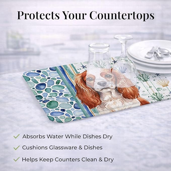 Caroline's Treasures Blenheim English Toy Spaniel Coastal Sea Glass Dish Drying Mat Absorbent Dish Drying Mat Pad for Kitchen Counter Dish Drainer Mat for Countertop 14 x 21 Multicolor