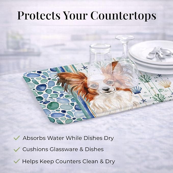 Caroline's Treasures White with Red Papillon Coastal Sea Glass Dish Drying Mat Absorbent Dish Drying Mat Pad for Kitchen Counter Dish Drainer Mat for Countertop 14 x 21 Multicolor