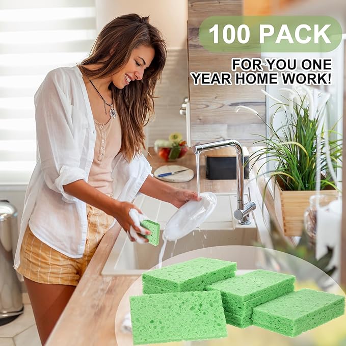 Zhengmy 100 Pieces Sponges Kitchen Compressed Sponges Bulk Natural Dish Sponge Compressed Wood Pulp Cleaning Sponge Without Scratching for Kitchen Bathroom 3.9 x 2.4 x 0.12 Inch (Green)
