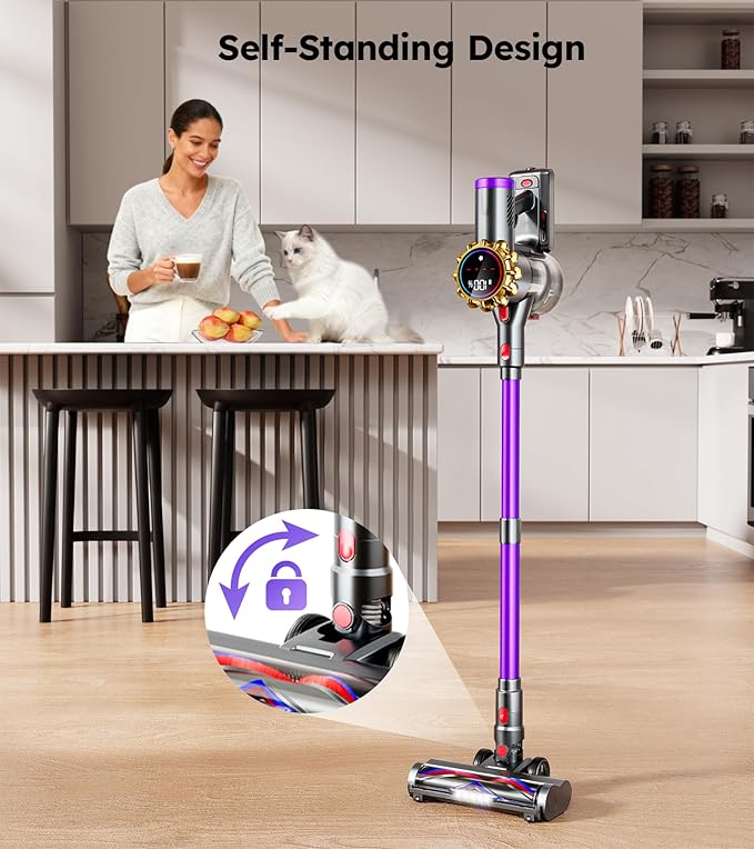 Cordless Vacuum CleanerUpgraded 550W 45KPA 60Mins Vacuum Cleaners for HomeSelf-Standing Stick Vacuum with LED Display8 in 1 Lightweight Anti-tangle Wireless Vacuum for Pet Hair Carpet Hard Floors