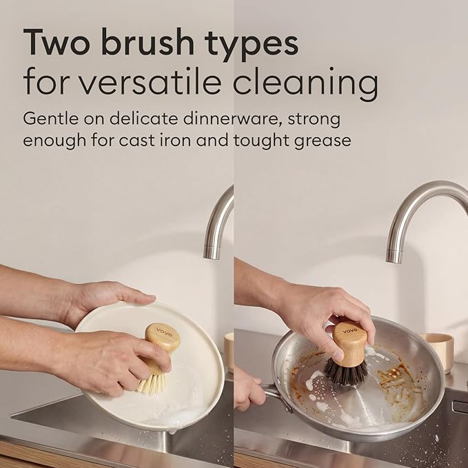 Vove Cleaning Essentials Set – Bamboo Dish Brush with Replacement Head 2 Scrub Brushes 2 Scrub Sponges – FSC Certified Plastic-Free Natural Bristles &amp Loofah – Eco-Friendly Kitchen Cleaning Ki