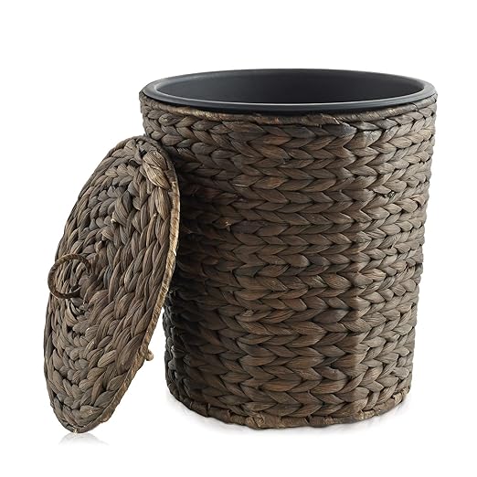 Bathroom Trash Can with Lid - Espresso Small Woven Hyacinth Wicker Waste Basket