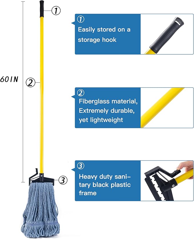 Matthew Easy Trigger Release Mop Handle 60 inch Fiberglass Mop StickCommercial Mop Head Replacement Holder for Floor CleaningClip On Mop Handle Quick Change for Wet Mop Handle - 6Pack Yellow