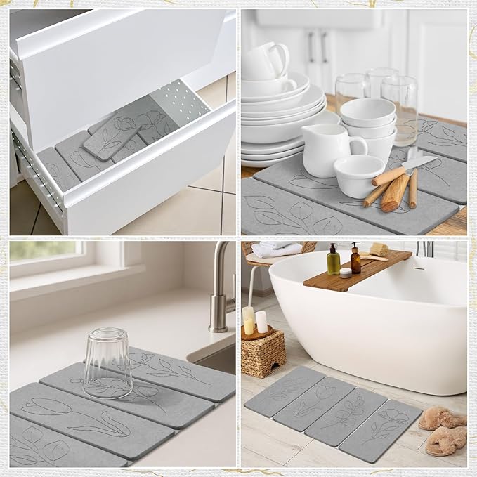 Kathfly 2 Pcs Large Stone Dish Drying Mats for Kitchen Counter Floral Absorbent Diatomaceous Earth Foldable Quick Dry Anti-slip Pad with Brush for Tableware Bottle Cup(Natural Style)