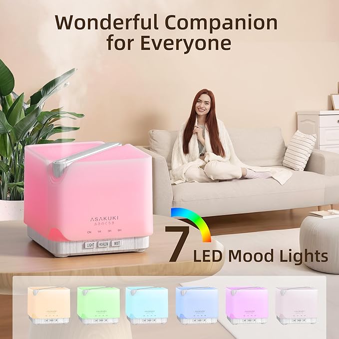 ASAKUKI Essential Oil Diffuser for Home Large 700 ml Humidifier with Automatic Shut-Off Quiet Aromatherapy Diffuser with 7 LED Lights for Living Room Kitchen Bedroom Hotel - White