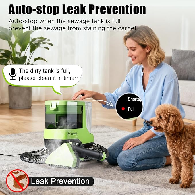 AAOBOSI Portable Carpet Cleaner Machine 17Kpa Upholstery Steam Cleaner with Smart Voice Prompting Self-cleaning 4 Tools for Pets Car Couch and Stairs- C688 Green