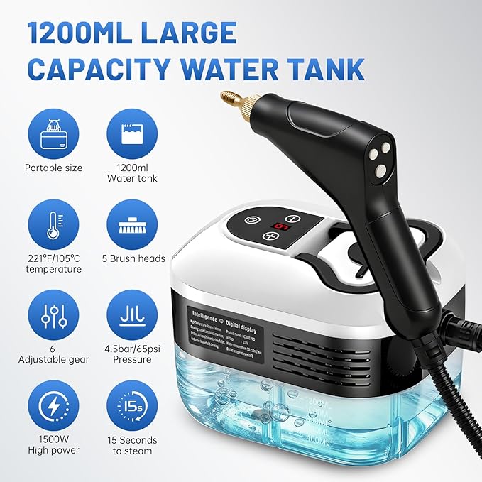 Pressurized Handheld Steam Cleaner Portable Steamer for Cleaning with 1.2L Large Tank 15s Fast Heat-Up 6-Level Adjustable Powerful Steam Cleaner for Home Car Kitchen Tile Grout(White)