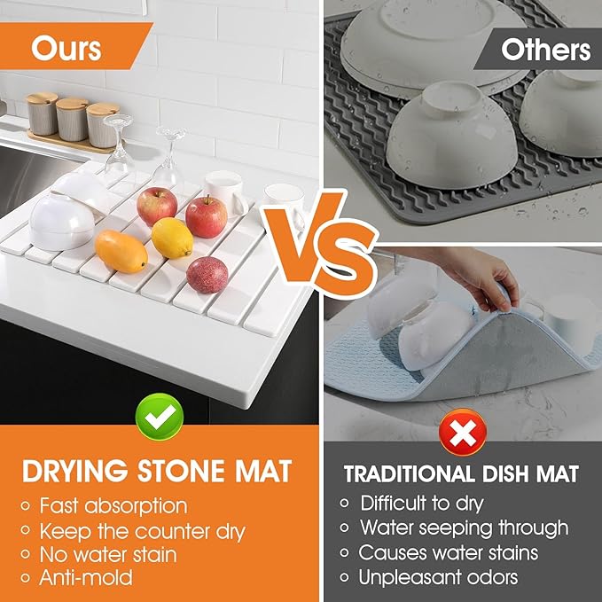 Large Stone Drying Mat for Kitchen Counter - 24x16 Dirt-Resistant Quick Drying Fast Absorbent Non-Slip Diatomite Mat Natural Diatomaceous Earth Dish Drying Pad for Dish Rack (White)