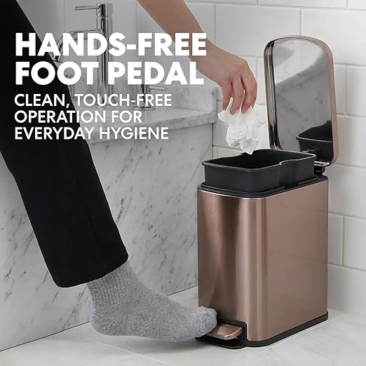 6L/1.6G Stainless Steel Bathroom Trash Can with Hands-Free Foot Pedal Quiet Soft-Close Lid Compact Space-Saving Size