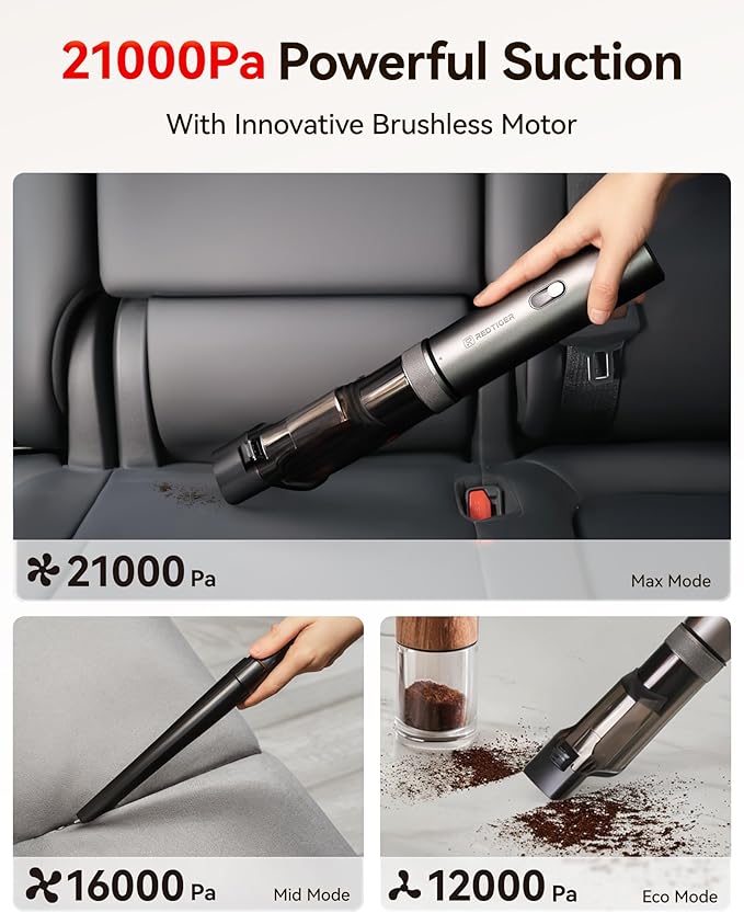 REDTIGER Car Vacuum Cordless 21000PA Portable Handheld Vacuum Up to 70 Mins Runtime 3.5H USB-C Fast Charge Lightweight 4 in1 Mini Hand Held Cleaner Power for Car Home Outdoor Camp Pet Food Black