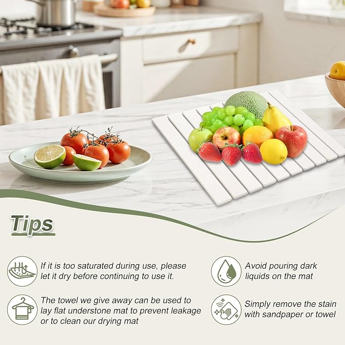 Dish Drying Mat Large Stone Dish Drying Mat For Kitchen Counter Collapsible Quick-Drying Sleek Diatomaceous Versatile Stone Drying Mats For Cups Dishes Bottles Marble (white 16''X24'')