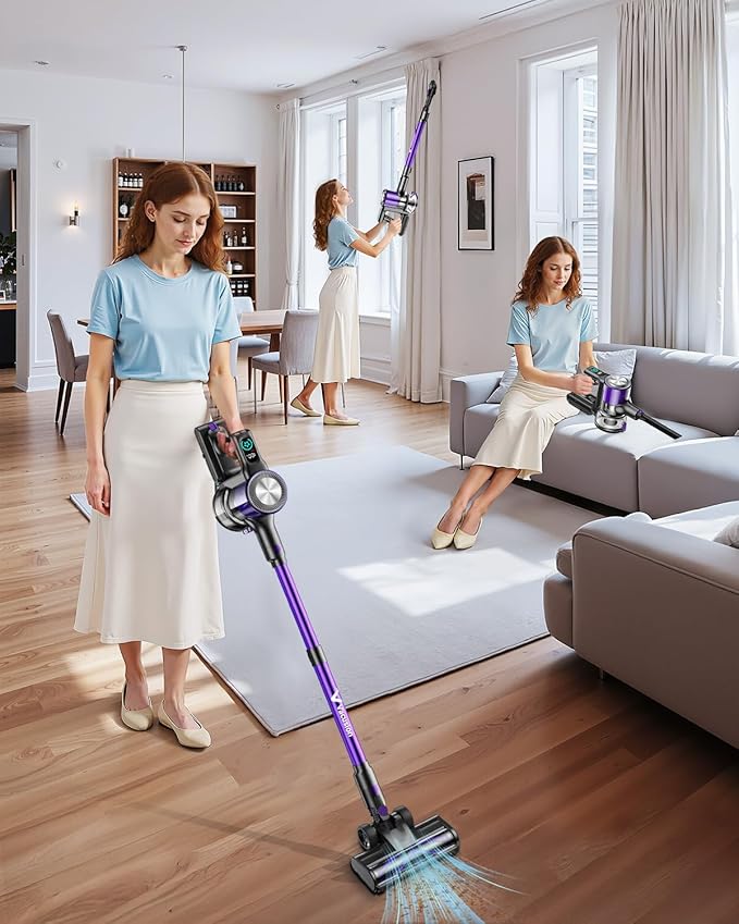 Cordless Vacuum Cleaner 8-in-1 Cordless Stick Vacuum Cleaner with 3 Suction Modes Up to 45mins Runtime Rechargeable Self-Standing Vacuum Cleaners for Home Pet Hair Carpet Car Hard Floor Purple