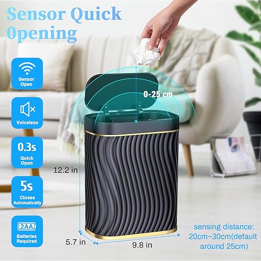 steo spce Automatic Motion Sensor Bathroom Small Trash Can with Lid 2.6 Gallon Black Touchless Slim Garbage Can Smart Waterproof Trash Bin for Bedroom Restroom Living Room Office