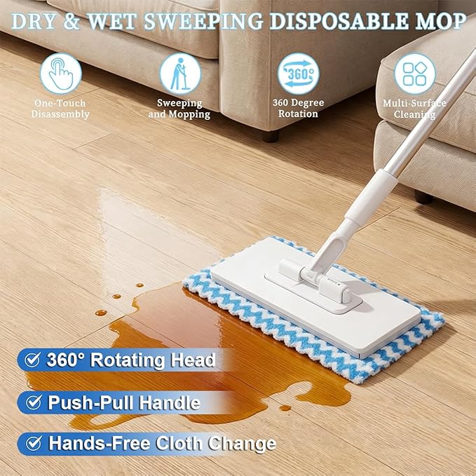 Snap Grip Mini Mop Zero-Touch Automatic Cloth Changing Mop with 360° Rotating Head Push-Pull Handle Reusable Cleaning Cloths Slim Design for Bathroom Kitchen &amp Tight Spaces