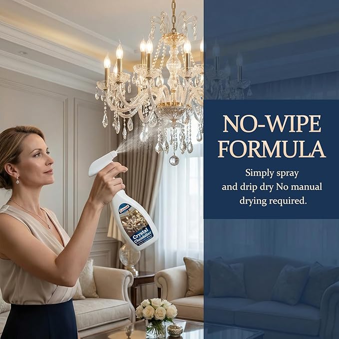 Crystal Chandelier Cleaner Spray No-Wipe Drip Dry Easy-to-Use Streak-Free Shine Safe for Crystal Glass &amp Metal Fixtures Ideal for High Ceiling Lighting (16.91 oz)