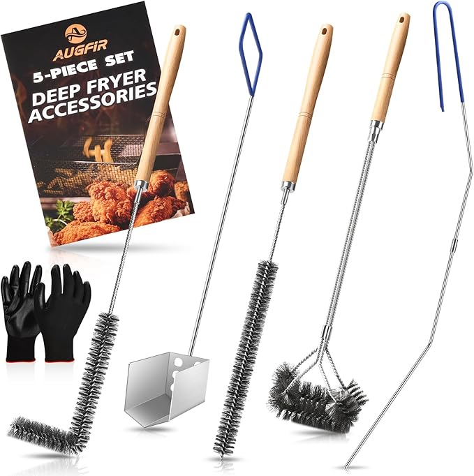Fryer Cleaning Tool 5 Piece Set Deep Fryer Basket Brush Long Handle L-Shaped &amp Straight Crevice Cleaning Brush Cleanout Rod Kit and V-Shaped Strainer Scoop for Restaurant Kitchen Maintenance