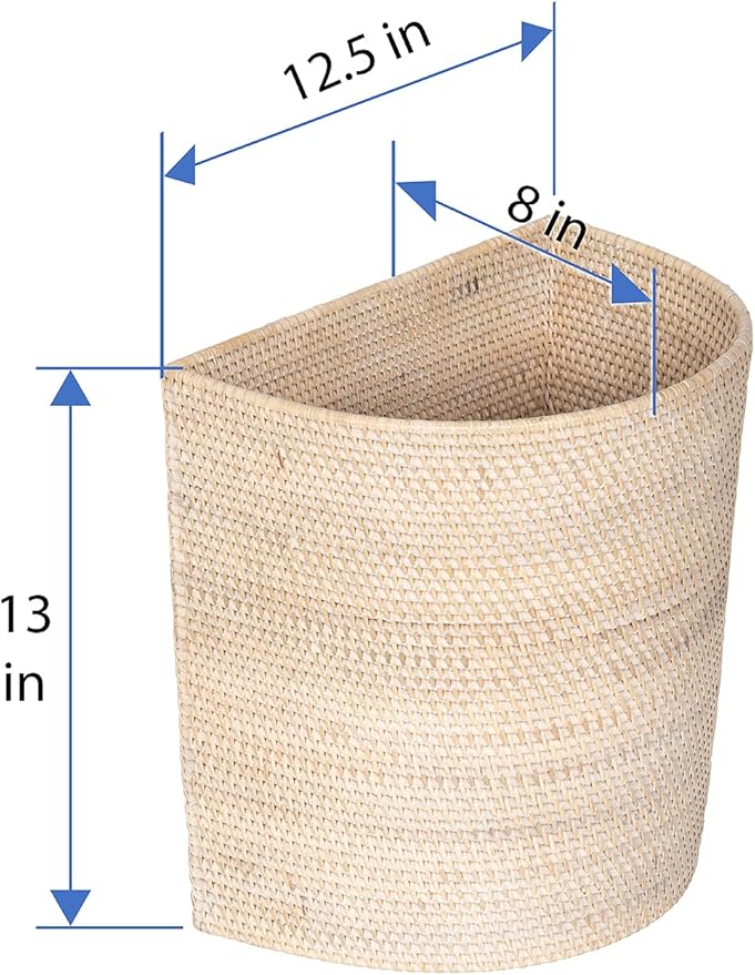 KOUBOO Laguna Half-Moon Rattan Waste Basket – Decorative Trash Can for Bathroom Bedroom Kitchen &amp Office – Boho Home Decor Small Wicker Basket for Trash Storage Off-White/Latte