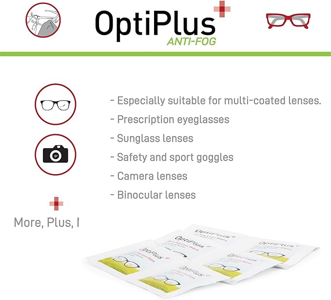 OptiPlus Anti Fog Lens Wipes l Pre-Moistened l Cleaning Wipes for Glasses Laptops Screens Smart Phones Optical Lens Goggles and Watch Screen l Quick-Dry &amp Scratch-Free l Two Pack of 100 Pack